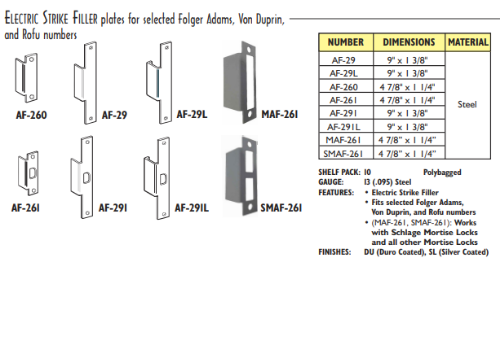 1-ELECTRIC STRIKE FILLER plates for selected Folger Adams, Von Duprin,
